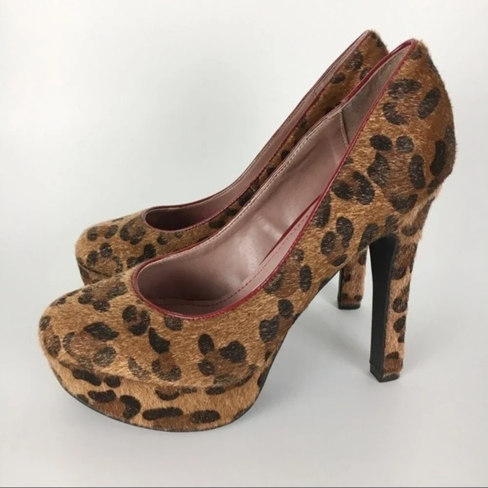 Pink & Pepper Size 8.5 Pin Up Rockabilly Leopard Faux Fur Platform Heels Pumps‎